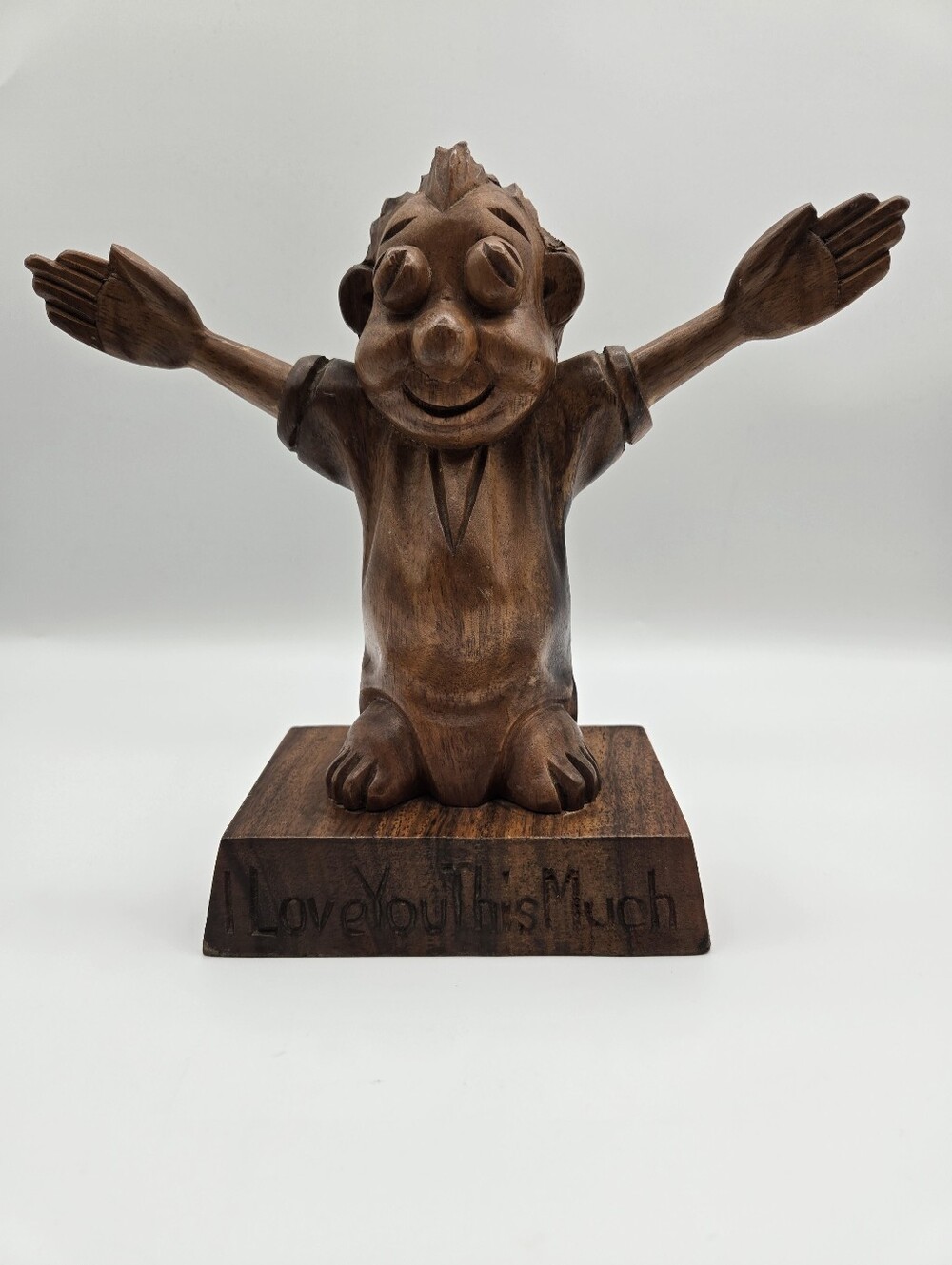Vintage 70s Wood Hand Carved Statue Figure Arms Open I Love You This Much 8.5"